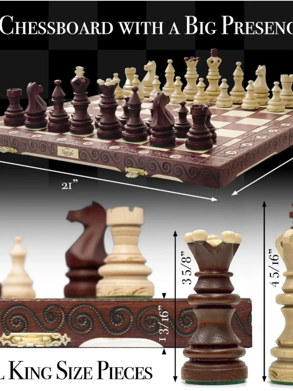 Imperator 21-Inch Luxury Wooden Chess Set for Adults and Kids - Handcrafted from
